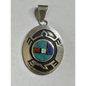 Vintage Zuni Native American Sterling Silver Inlay Pendant Signed F.L. 925